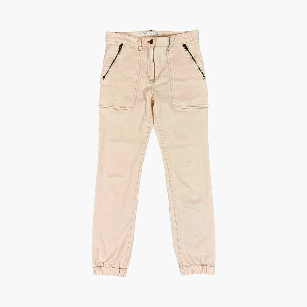 Veronica Beard Beige Twill Jogger Pants Slim Tapered Elastic Waist Zip Pockets